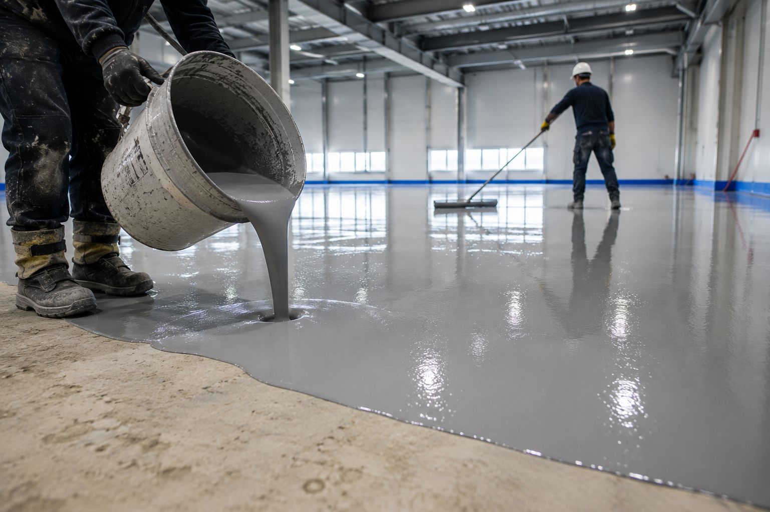 Pouring resin onto a floor from a bucket while a worker levels it in the background