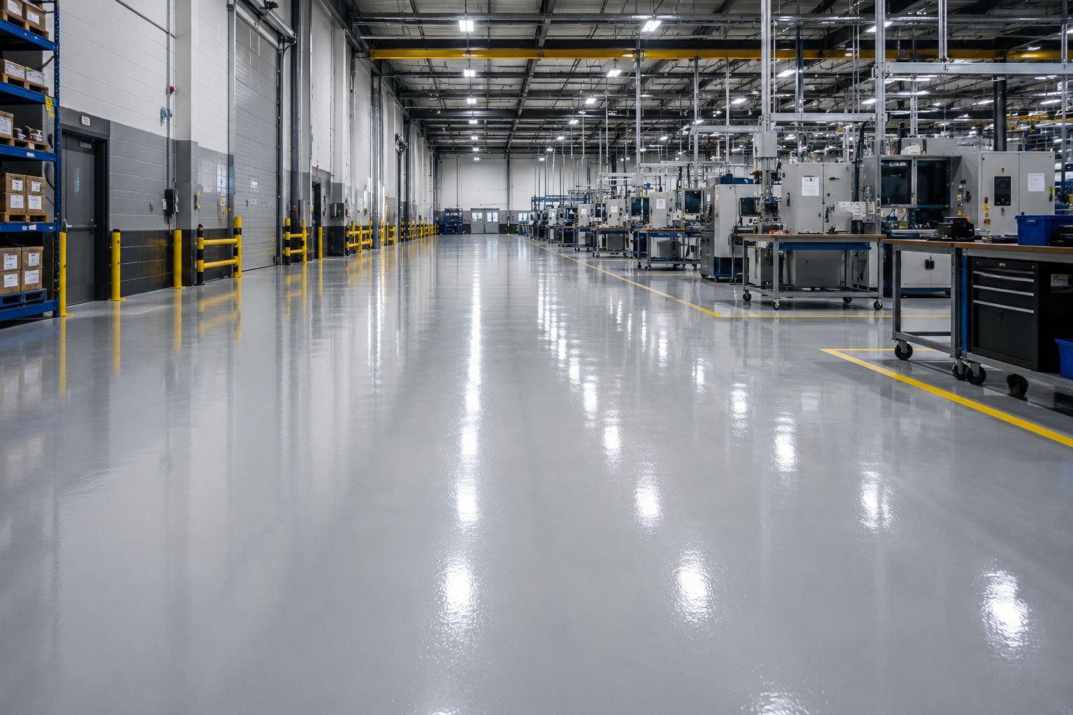 High-gloss epoxy resin floor in a warehouse
