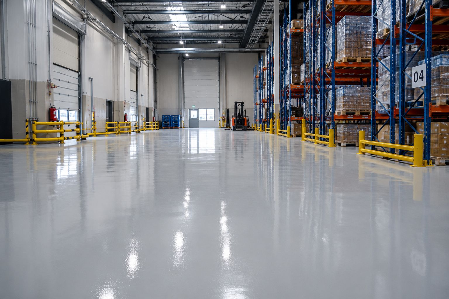 High-gloss epoxy resin floor in a warehouse
