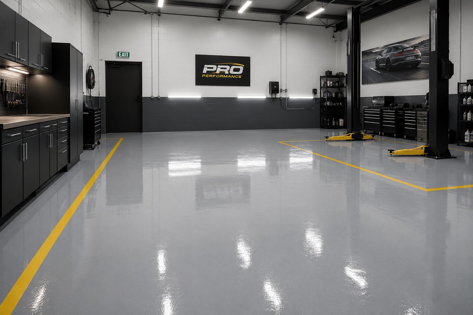 Freshly poured epoxy resin floor in an industrial space