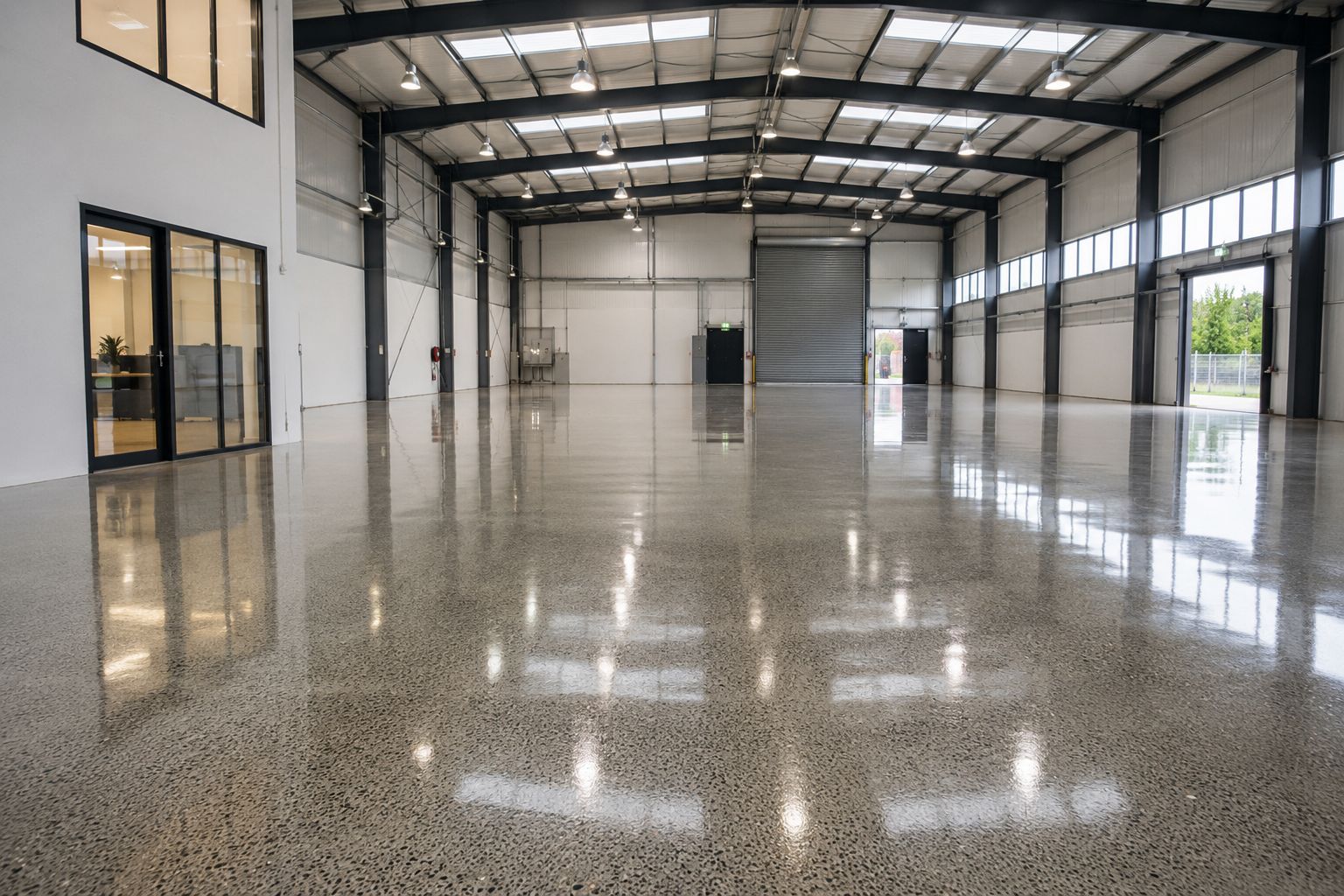 Polished epoxy resin floor in a garage with yellow line markings